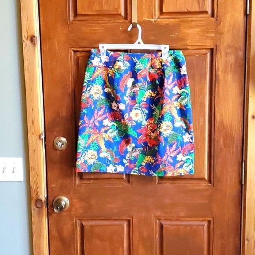 Talbots Blue Tropical Floral Pencil Skirt Lined Size 12 Summer Vacation Mini